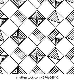 Seamless vector pattern. Black and white geometrical background with hand drawn decorative tribal elements. Print with ethnic, folk, traditional motifs. Graphic vector illustration.