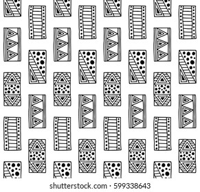 Seamless vector pattern. Black and white geometrical background with hand drawn decorative tribal elements. Print with ethnic, folk, traditional motifs. Graphic vector illustration.