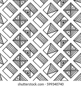 Seamless vector pattern. Black and white geometrical background with hand drawn decorative tribal elements. Print with ethnic, folk, traditional motifs. Graphic vector illustration.