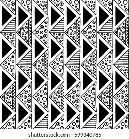Seamless vector pattern. Black and white geometrical background with hand drawn decorative tribal elements. Print with ethnic, folk, traditional motifs. Graphic vector illustration.