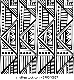 Seamless vector pattern. Black and white geometrical background with hand drawn decorative tribal elements. Print with ethnic, folk, traditional motifs. Graphic vector illustration.