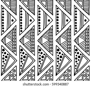 Seamless vector pattern. Black and white geometrical background with hand drawn decorative tribal elements. Print with ethnic, folk, traditional motifs. Graphic vector illustration.