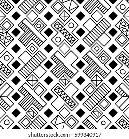 Seamless vector pattern. Black and white geometrical background with hand drawn decorative tribal elements. Print with ethnic, folk, traditional motifs. Graphic vector illustration.
