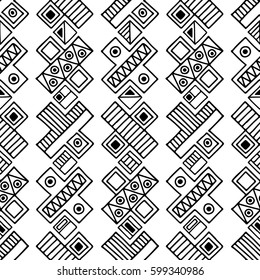 Seamless vector pattern. Black and white geometrical background with hand drawn decorative tribal elements. Print with ethnic, folk, traditional motifs. Graphic vector illustration.