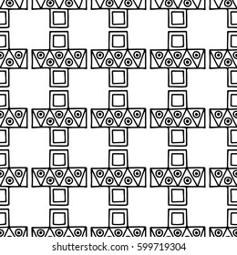 Seamless vector pattern. Black and white geometrical background with hand drawn decorative tribal elements. Print with ethnic, folk, traditional motifs. Graphic vector illustration.