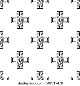 Seamless vector pattern. Black and white geometrical background with hand drawn decorative tribal elements. Print with ethnic, folk, traditional motifs. Graphic vector illustration.
