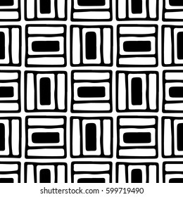 Seamless vector pattern. Black and white geometrical background with hand drawn decorative tribal elements. Print with ethnic, folk, traditional motifs. Graphic vector illustration.