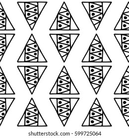 Seamless vector pattern. Black and white geometrical background with hand drawn decorative tribal elements. Print with ethnic, folk, traditional motifs. Graphic vector illustration.