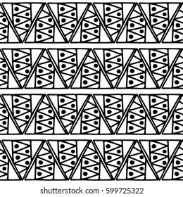 Seamless vector pattern. Black and white geometrical background with hand drawn decorative tribal elements. Print with ethnic, folk, traditional motifs. Graphic vector illustration.