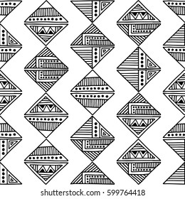 Seamless vector pattern. Black and white geometrical background with hand drawn decorative tribal elements. Print with ethnic, folk, traditional motifs. Graphic vector illustration.