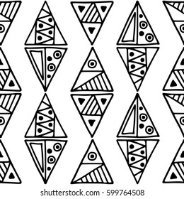 Seamless vector pattern. Black and white geometrical background with hand drawn decorative tribal elements. Print with ethnic, folk, traditional motifs. Graphic vector illustration.