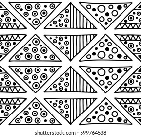 Seamless vector pattern. Black and white geometrical background with hand drawn decorative tribal elements. Print with ethnic, folk, traditional motifs. Graphic vector illustration.