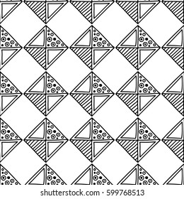 Seamless vector pattern. Black and white geometrical background with hand drawn decorative tribal elements. Print with ethnic, folk, traditional motifs. Graphic vector illustration.
