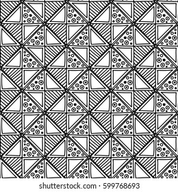 Seamless vector pattern. Black and white geometrical background with hand drawn decorative tribal elements. Print with ethnic, folk, traditional motifs. Graphic vector illustration.