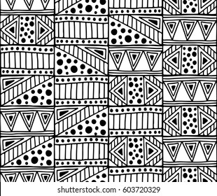 Seamless vector pattern. Black and white geometrical background with hand drawn decorative tribal elements. Print with ethnic, folk, traditional motifs. Graphic vector illustration.