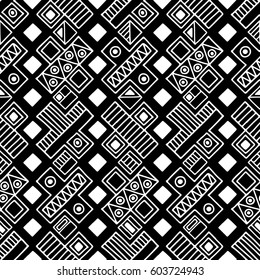 Seamless vector pattern. Black and white geometrical background with hand drawn decorative tribal elements. Print with ethnic, folk, traditional motifs. Graphic vector illustration.