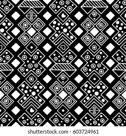 Seamless vector pattern. Black and white geometrical background with hand drawn decorative tribal elements. Print with ethnic, folk, traditional motifs. Graphic vector illustration.