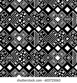 Seamless vector pattern. Black and white geometrical background with hand drawn decorative tribal elements. Print with ethnic, folk, traditional motifs. Graphic vector illustration.