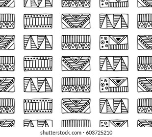 Seamless vector pattern. Black and white geometrical background with hand drawn decorative tribal elements. Print with ethnic, folk, traditional motifs. Graphic vector illustration.