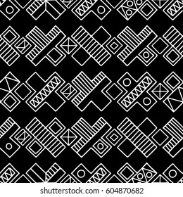 Seamless vector pattern. Black and white geometrical background with hand drawn decorative tribal elements. Print with ethnic, folk, traditional motifs. Graphic vector illustration.