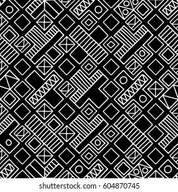 Seamless vector pattern. Black and white geometrical background with hand drawn decorative tribal elements. Print with ethnic, folk, traditional motifs. Graphic vector illustration.