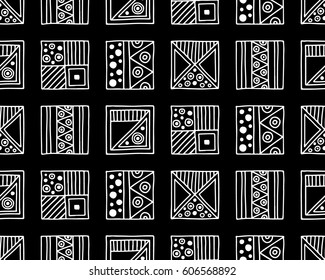 Seamless vector pattern. Black and white geometrical background with hand drawn decorative tribal elements. Print with ethnic, folk, traditional motifs. Graphic vector illustration.