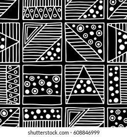 Seamless vector pattern. Black and white geometrical background with hand drawn decorative tribal elements. Print with ethnic, folk, traditional motifs. Graphic vector illustration.