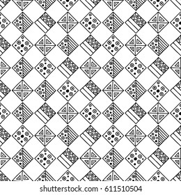 Seamless vector pattern. Black and white geometrical background with hand drawn decorative tribal elements. Print with ethnic, folk, traditional motifs. Graphic vector illustration.