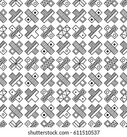 Seamless vector pattern. Black and white geometrical background with hand drawn decorative tribal elements. Print with ethnic, folk, traditional motifs. Graphic vector illustration.