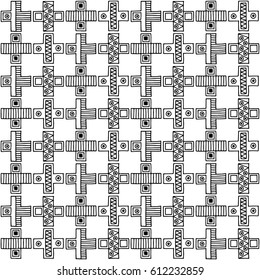Seamless vector pattern. Black and white geometrical background with hand drawn decorative tribal elements. Print with ethnic, folk, traditional motifs. Graphic vector illustration.