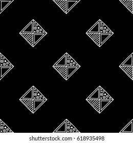 Seamless vector pattern. Black and white geometrical background with hand drawn decorative tribal elements. Print with ethnic, folk, traditional motifs. Graphic vector illustration.