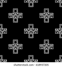 Seamless vector pattern. Black and white geometrical background with hand drawn decorative tribal elements. Print with ethnic, folk, traditional motifs. Graphic vector illustration.