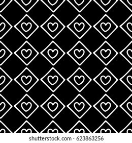 Seamless vector pattern. Black and white geometrical background with hand drawn decorative tribal elements. Print with ethnic, folk, traditional motifs. Graphic vector illustration.