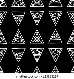 Seamless vector pattern. Black and white geometrical background with hand drawn decorative tribal elements. Print with ethnic, folk, traditional motifs. Graphic vector illustration.