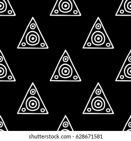 Seamless vector pattern. Black and white geometrical background with hand drawn decorative tribal elements. Print with ethnic, folk, traditional motifs. Graphic vector illustration.