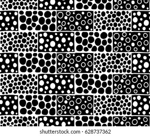 Seamless vector pattern. Black and white geometrical background with hand drawn decorative tribal elements. Print with ethnic, folk, traditional motifs. Graphic vector illustration.