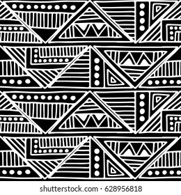 Seamless vector pattern. Black and white geometrical background with hand drawn decorative tribal elements. Print with ethnic, folk, traditional motifs. Graphic vector illustration.