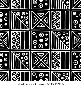 Seamless vector pattern. Black and white geometrical background with hand drawn decorative tribal elements. Print with ethnic, folk, traditional motifs. Graphic vector illustration.