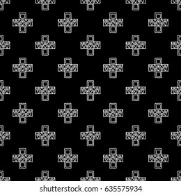 Seamless vector pattern. Black and white geometrical background with hand drawn decorative tribal elements. Print with ethnic, folk, traditional motifs. Graphic vector illustration.