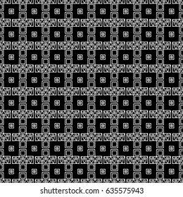 Seamless vector pattern. Black and white geometrical background with hand drawn decorative tribal elements. Print with ethnic, folk, traditional motifs. Graphic vector illustration.