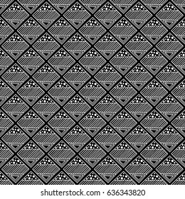 Seamless vector pattern. Black and white geometrical background with hand drawn decorative tribal elements. Print with ethnic, folk, traditional motifs. Graphic vector illustration.