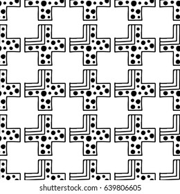 Seamless vector pattern. Black and white geometrical background with hand drawn decorative tribal elements. Print with ethnic, folk, traditional motifs. Graphic vector illustration.