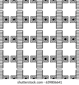 Seamless vector pattern. Black and white geometrical background with hand drawn decorative tribal elements. Print with ethnic, folk, traditional motifs. Graphic vector illustration.
