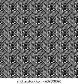 Seamless vector pattern. Black and white geometrical background with hand drawn decorative tribal elements. Print with ethnic, folk, traditional motifs. Graphic vector illustration.