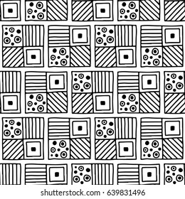 Seamless vector pattern. Black and white geometrical background with hand drawn decorative tribal elements. Print with ethnic, folk, traditional motifs. Graphic vector illustration.