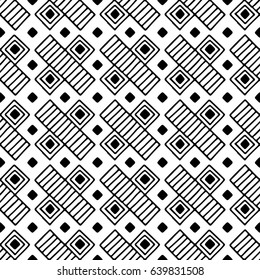 Seamless vector pattern. Black and white geometrical background with hand drawn decorative tribal elements. Print with ethnic, folk, traditional motifs. Graphic vector illustration.