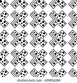 Seamless vector pattern. Black and white geometrical background with hand drawn decorative tribal elements. Print with ethnic, folk, traditional motifs. Graphic vector illustration.