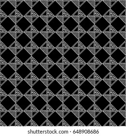 Seamless vector pattern. Black and white geometrical background with hand drawn decorative tribal elements. Print with ethnic, folk, traditional motifs. Graphic vector illustration.