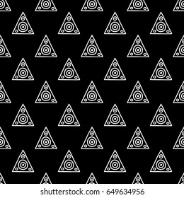 Seamless vector pattern. Black and white geometrical background with hand drawn decorative tribal elements. Print with ethnic, folk, traditional motifs. Graphic vector illustration.