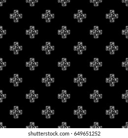 Seamless vector pattern. Black and white geometrical background with hand drawn decorative tribal elements. Print with ethnic, folk, traditional motifs. Graphic vector illustration.